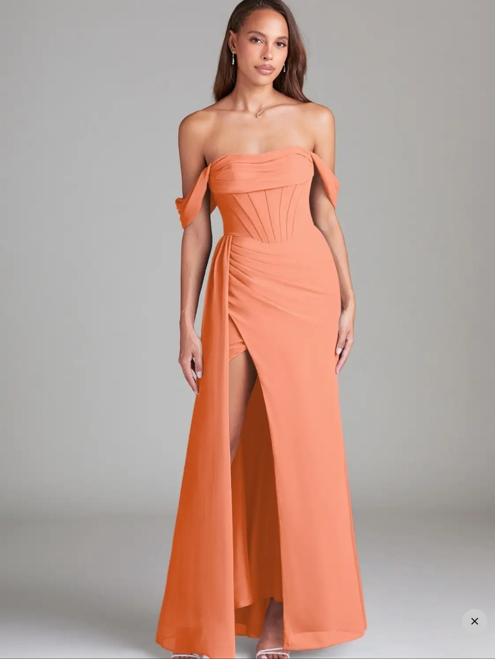 Azazie Corset Off Shoulder Side Slit Evening Party Wedding Formal Maxi Zip Dress